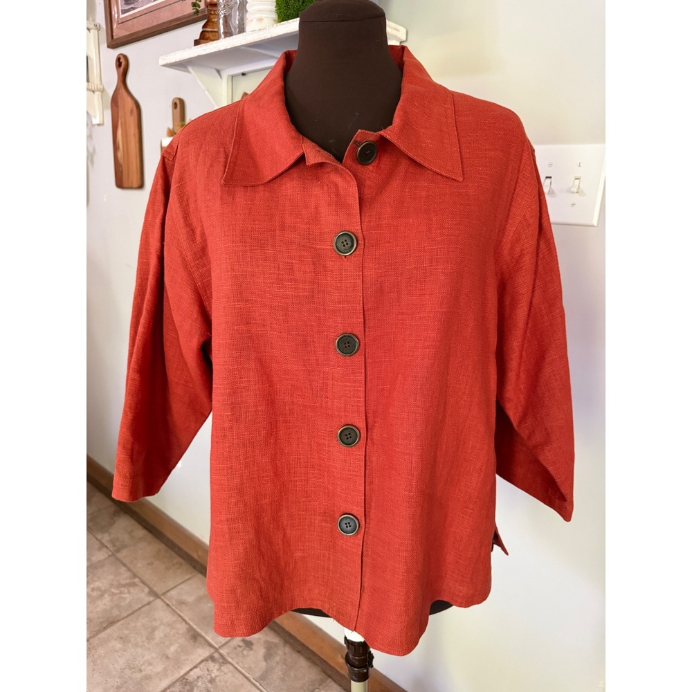 Harris Wallace New York 100% Linen Button Front Shirt Rust Orange Womens Small